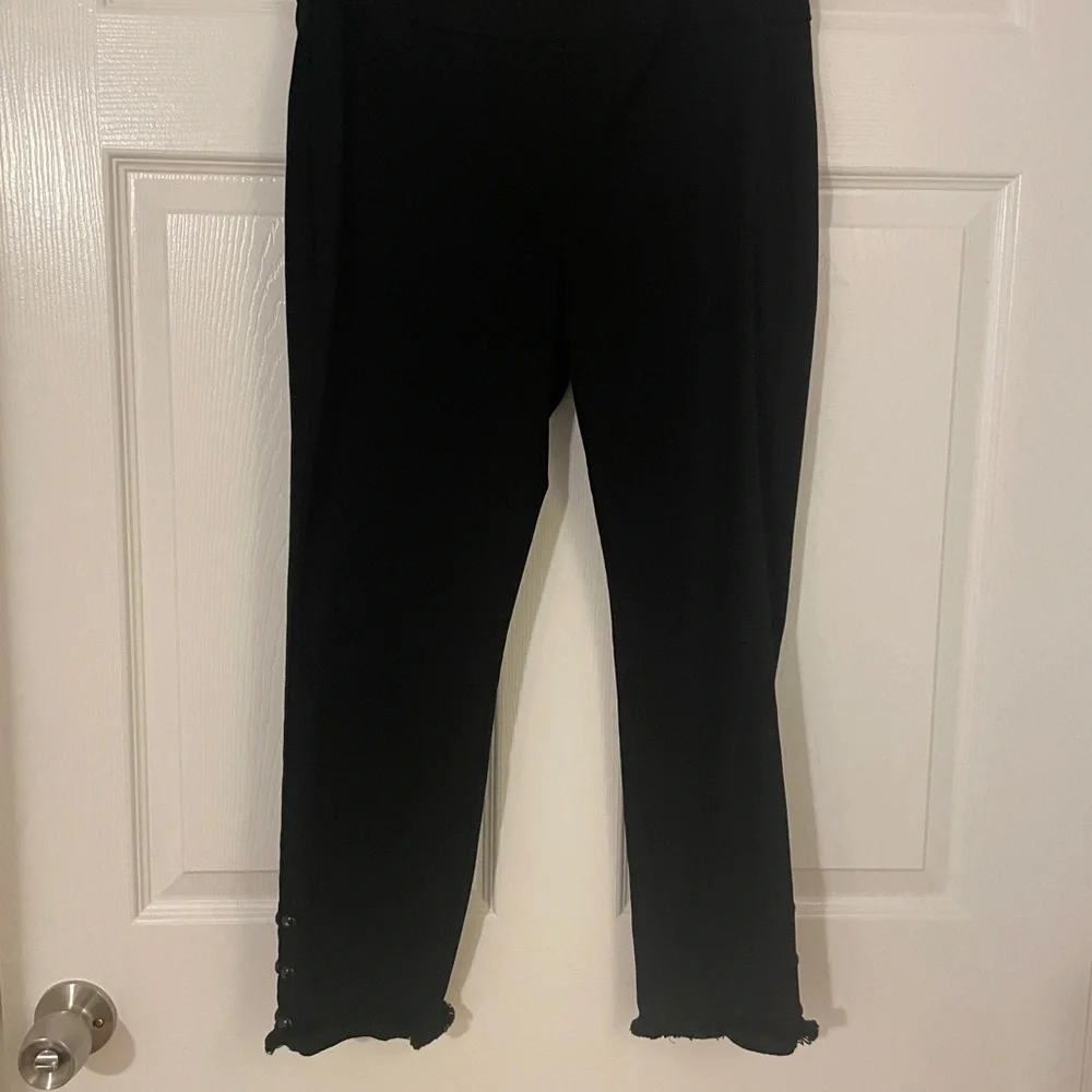 Bar III black ankle length pants. Fringe bottom pant leg w/decorative buttons. - Picture 1 of 6